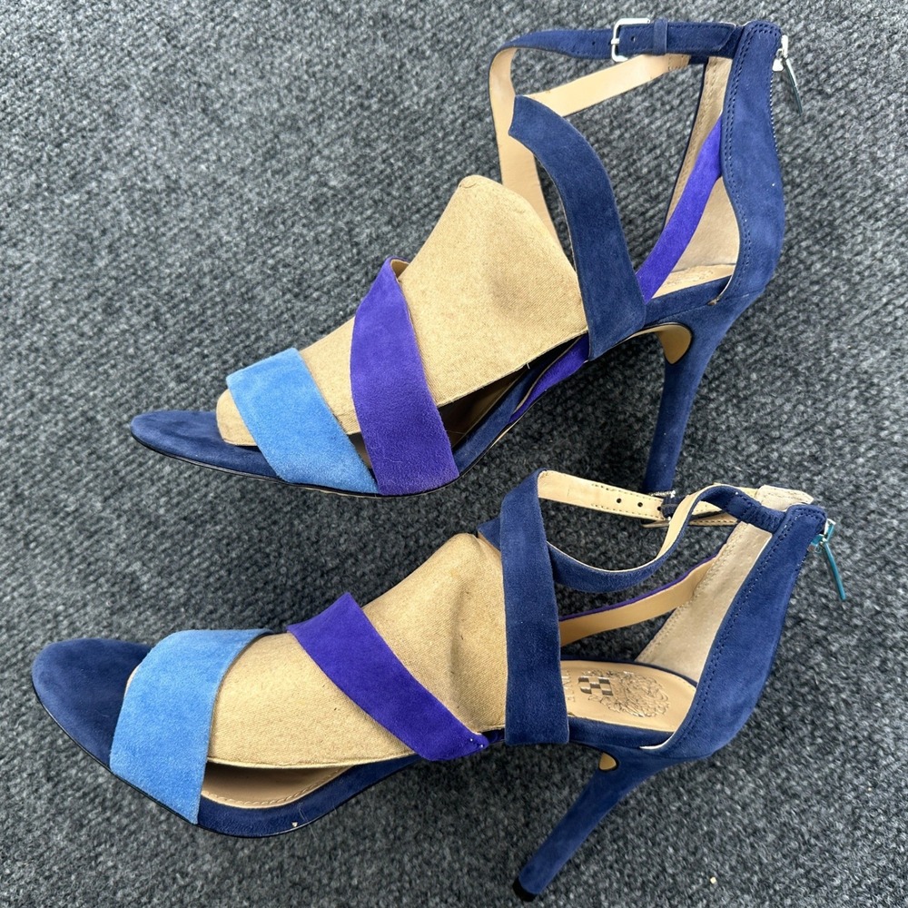 Vince Camuto Strappy Stiletto Sandals Blue Purple Suede Colorblock Heels Glam